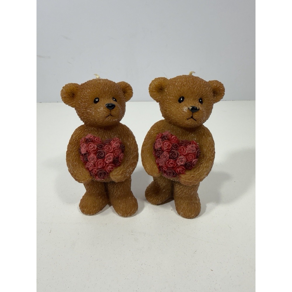 Pair Candle Bear With Flower Heart 4.5"Tall Vintage Valentines